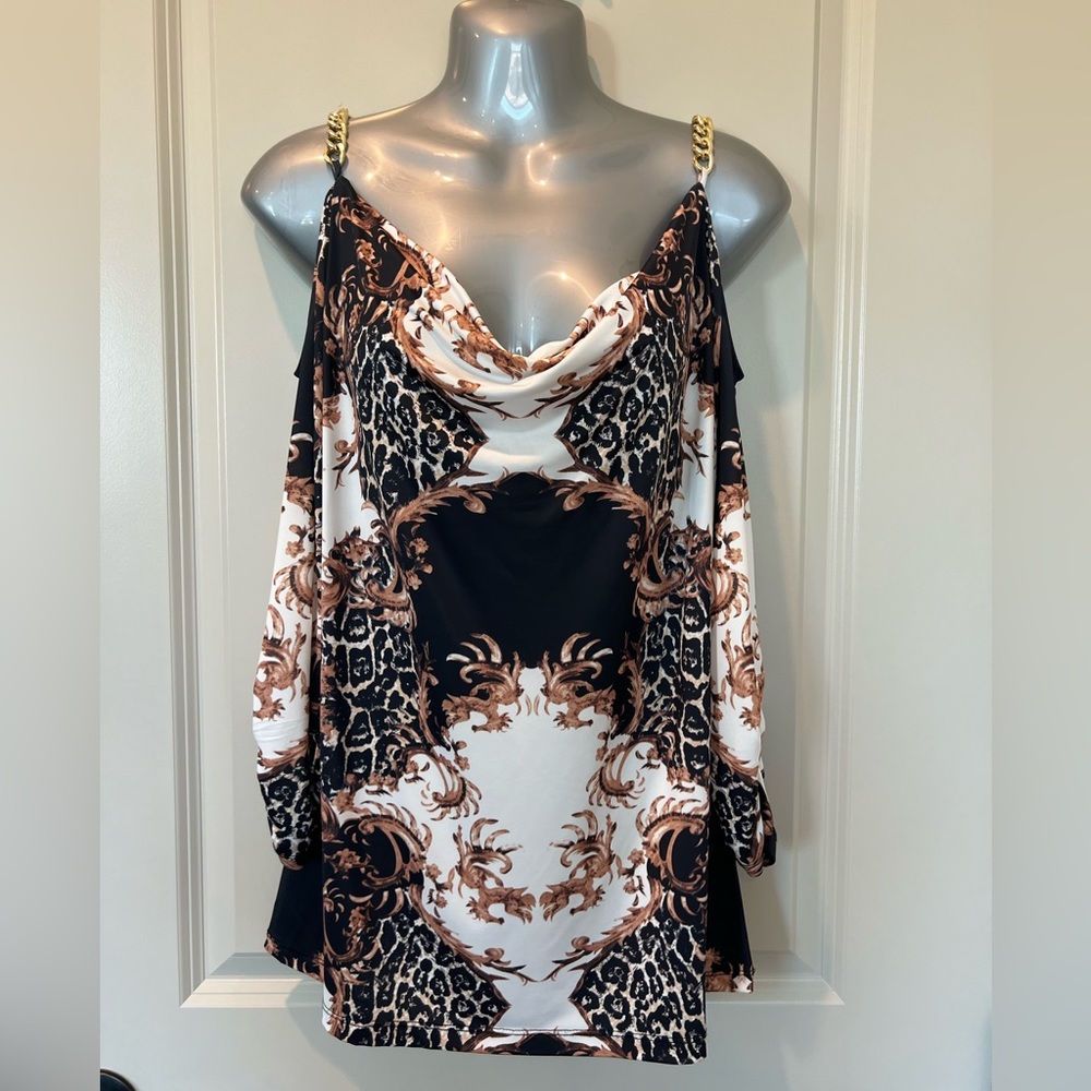 Boston Proper Black, White & Brown Cold-Shoulder Cowl Neck Blouse